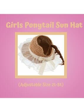 Toddler Girl Straw Toddler Lace Beach Sun Protection Ponytail Hat Size 2T-5-T